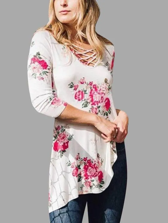 Custom Round Neck Floral Print Crossed Front 3/4 Sleeve Irregular Hem White T-Shirts