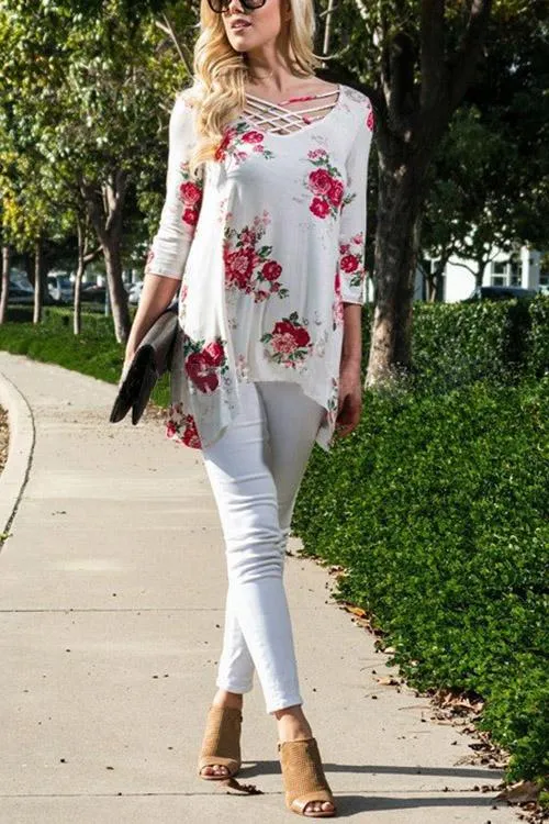 Custom Round Neck Floral Print Crossed Front 3/4 Sleeve Irregular Hem White T-Shirts
