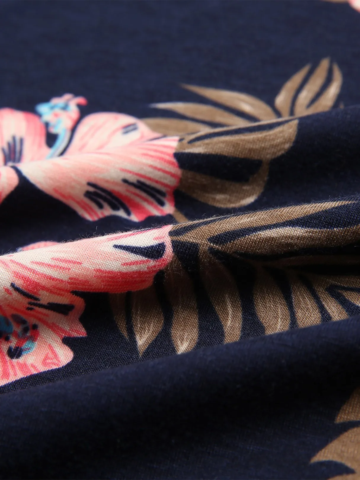 Custom Round Neck Floral Print Twist Short Sleeve Dark Blue T-Shirts