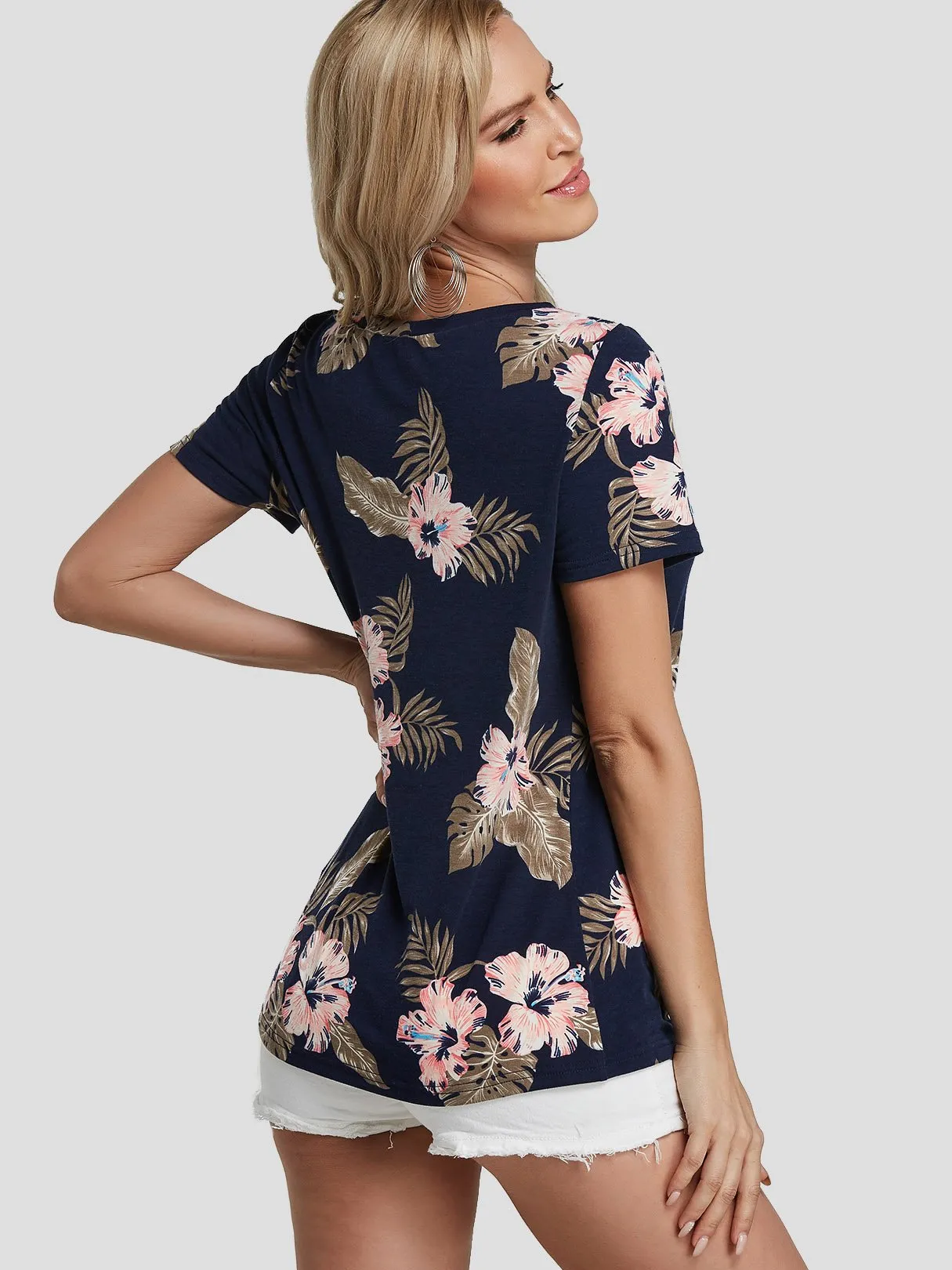 Custom Round Neck Floral Print Twist Short Sleeve Dark Blue T-Shirts