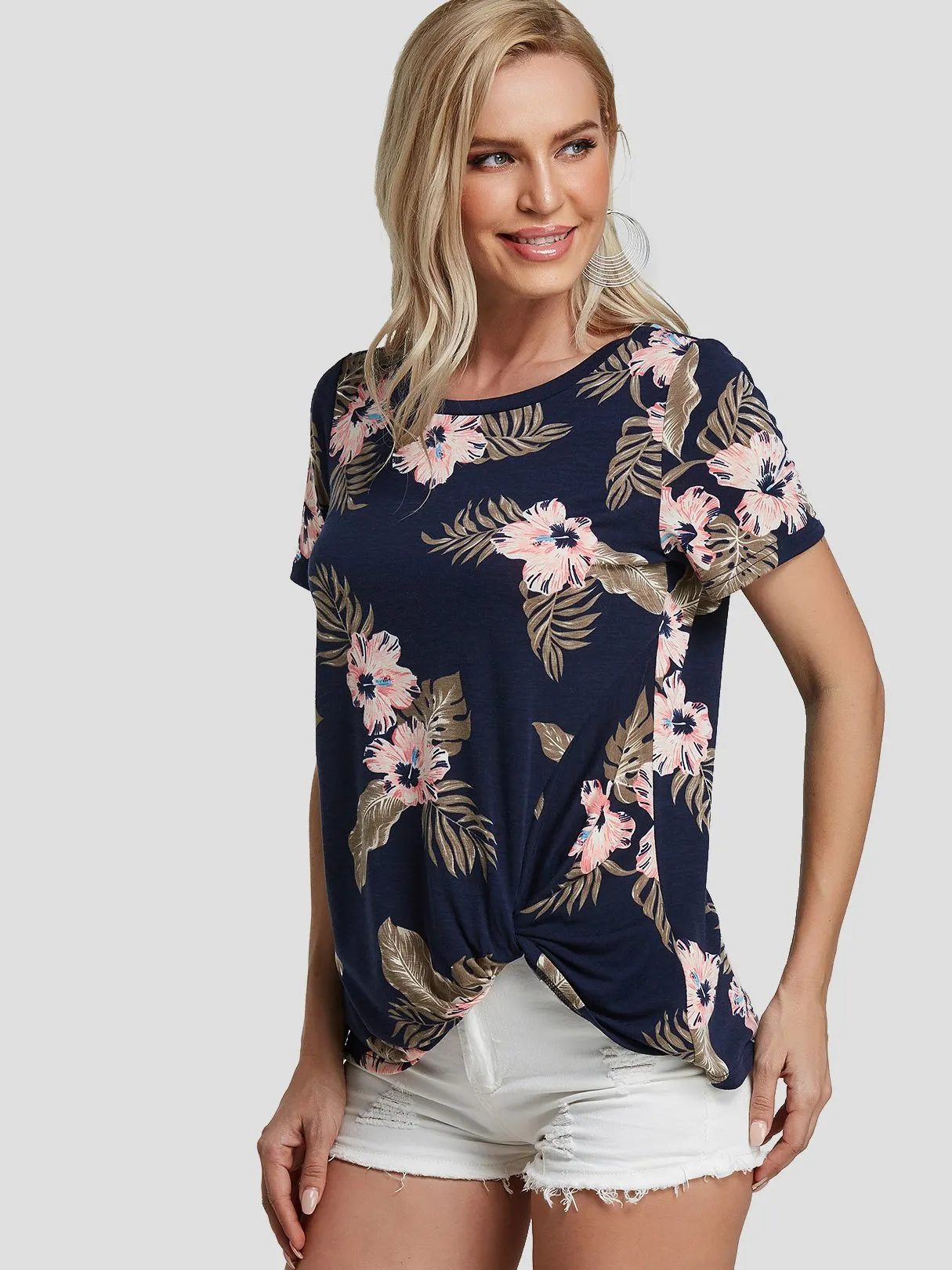 Custom Round Neck Floral Print Twist Short Sleeve Dark Blue T-Shirts