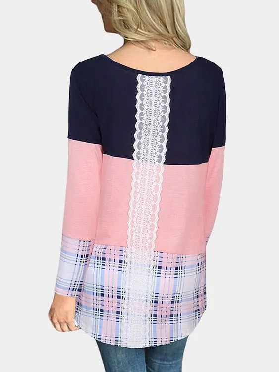 Custom Round Neck Grid Lace Long Sleeve Stitching Hem T-Shirts