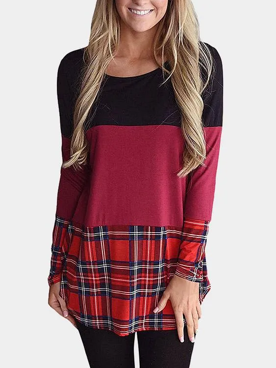Custom Round Neck Grid Lace Long Sleeve Stitching Hem T-Shirts