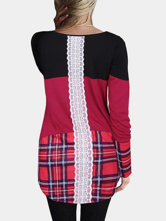 Custom Round Neck Grid Lace Long Sleeve Stitching Hem T-Shirts