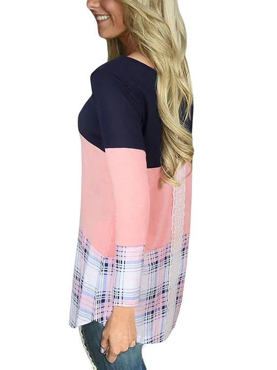 Custom Round Neck Grid Lace Long Sleeve Stitching Hem T-Shirts