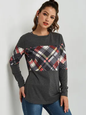 Custom Round Neck Grid Long Sleeve Curved Hem T-Shirts