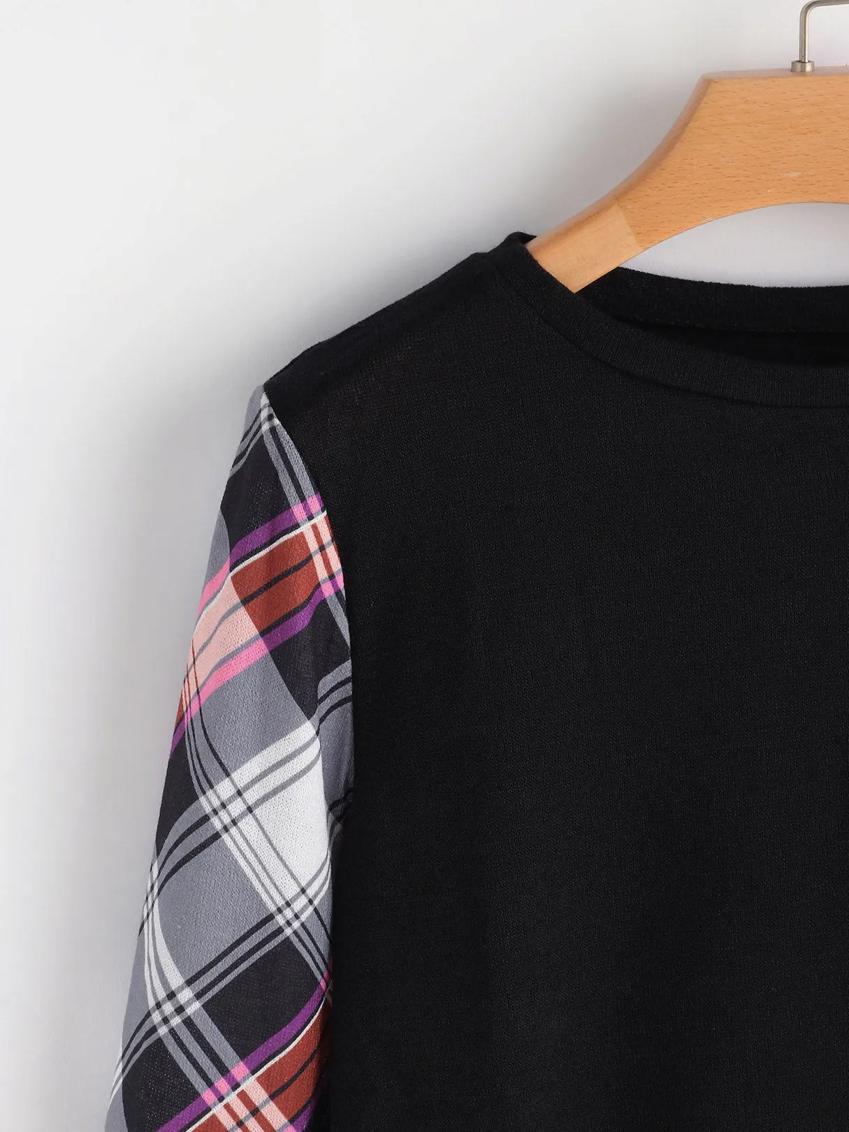 Custom Round Neck Grid Printed Long Sleeve Black T-Shirts