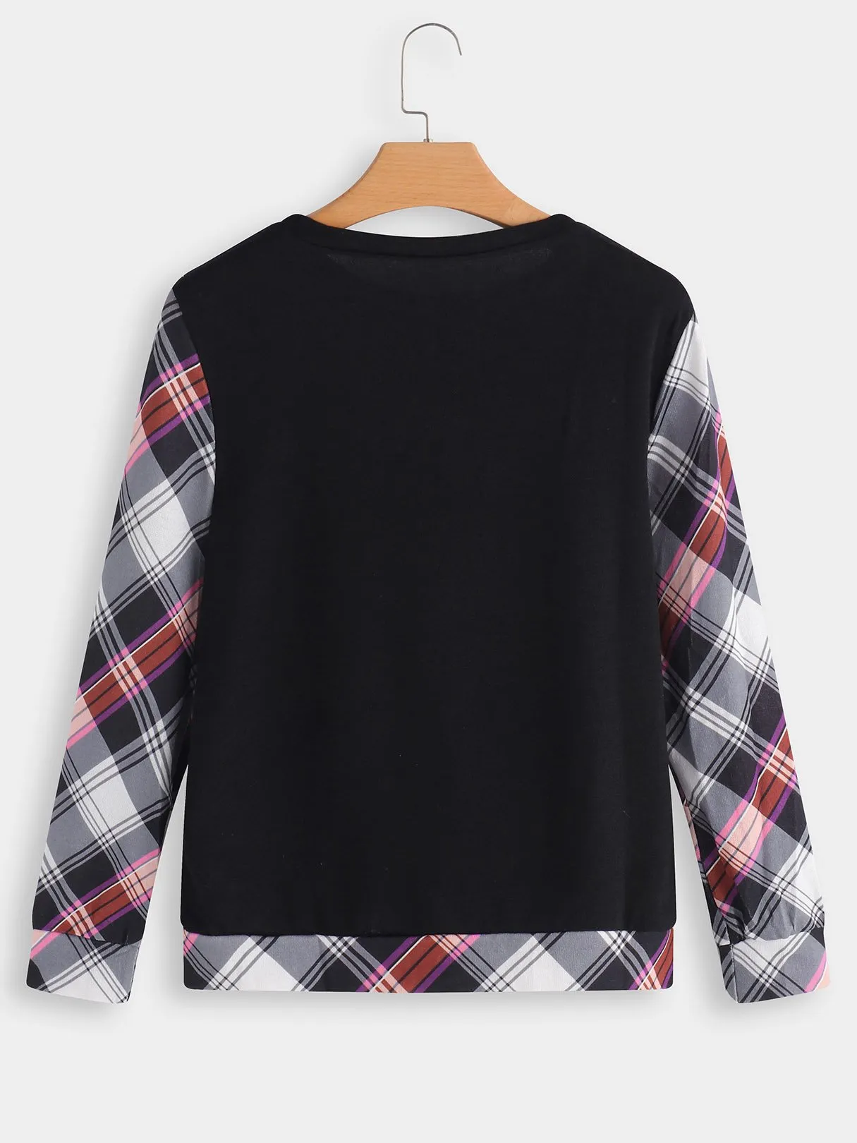 Custom Round Neck Grid Printed Long Sleeve Black T-Shirts