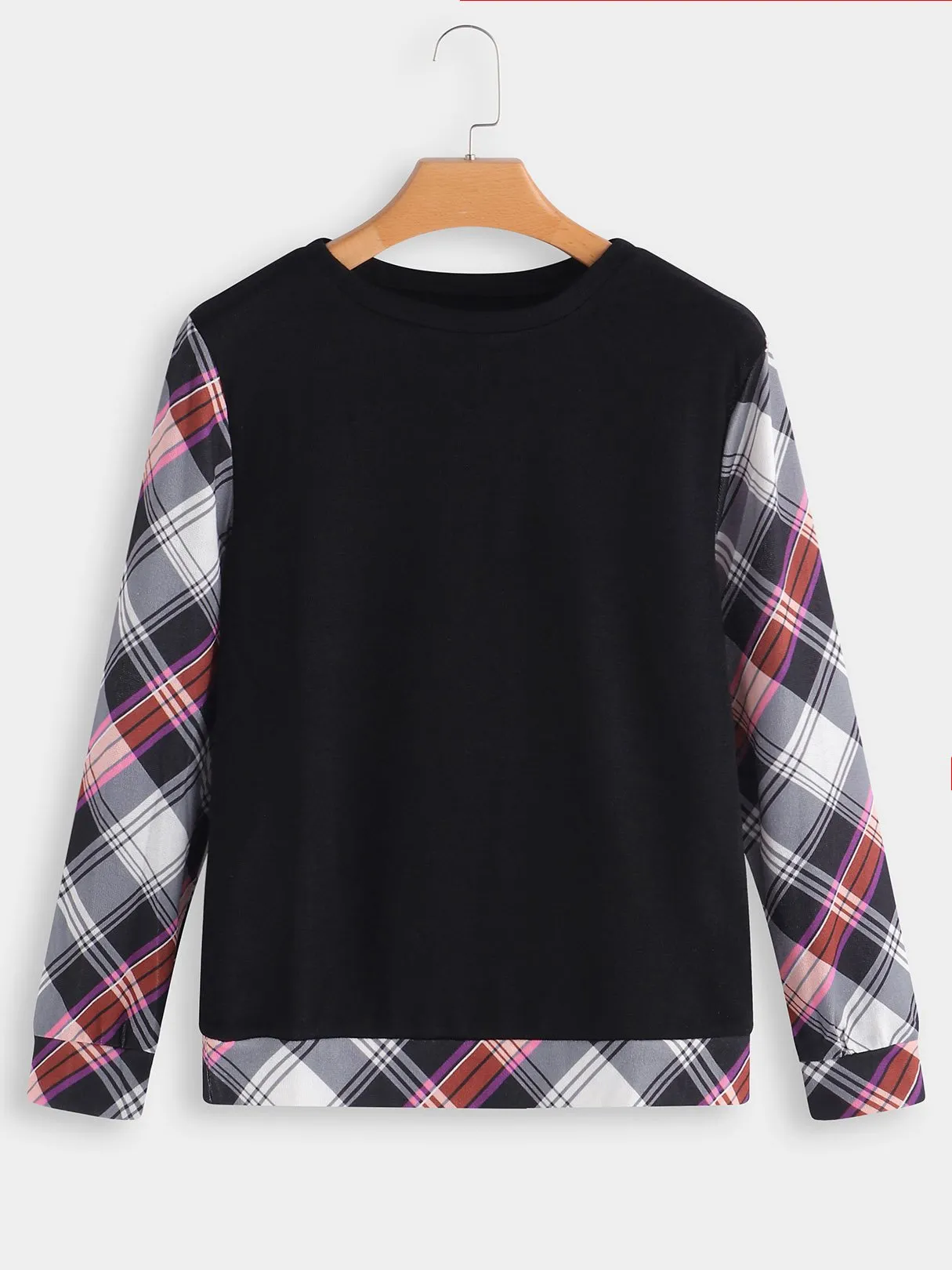 Custom Round Neck Grid Printed Long Sleeve Black T-Shirts