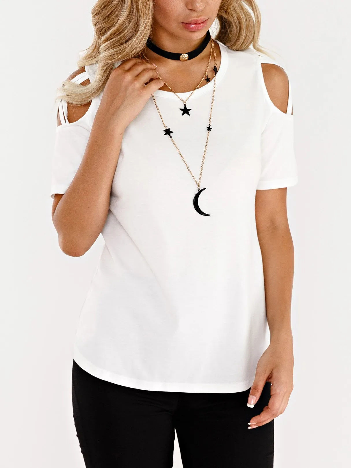 Custom Round Neck Plain Cut Out Short Sleeve White T-Shirts