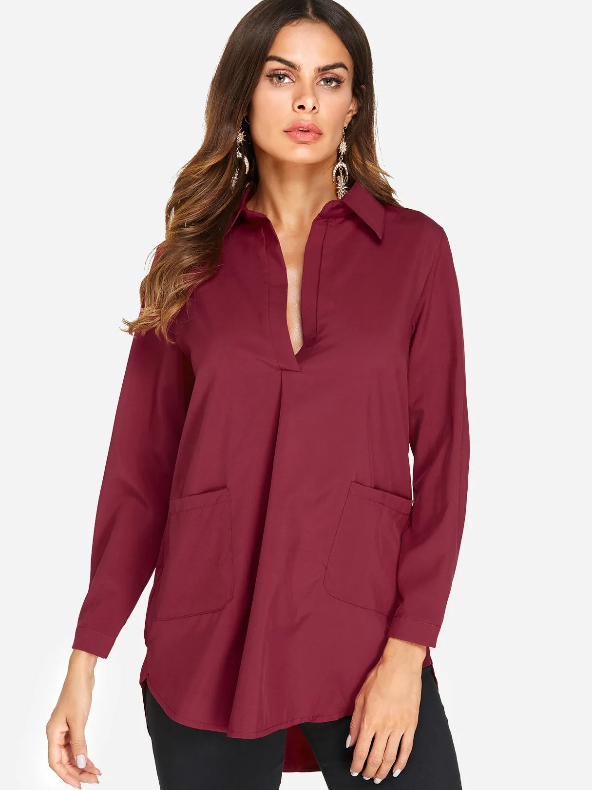 Custom Side Pockets Long Sleeve Curved Hem Burgundy T-Shirts