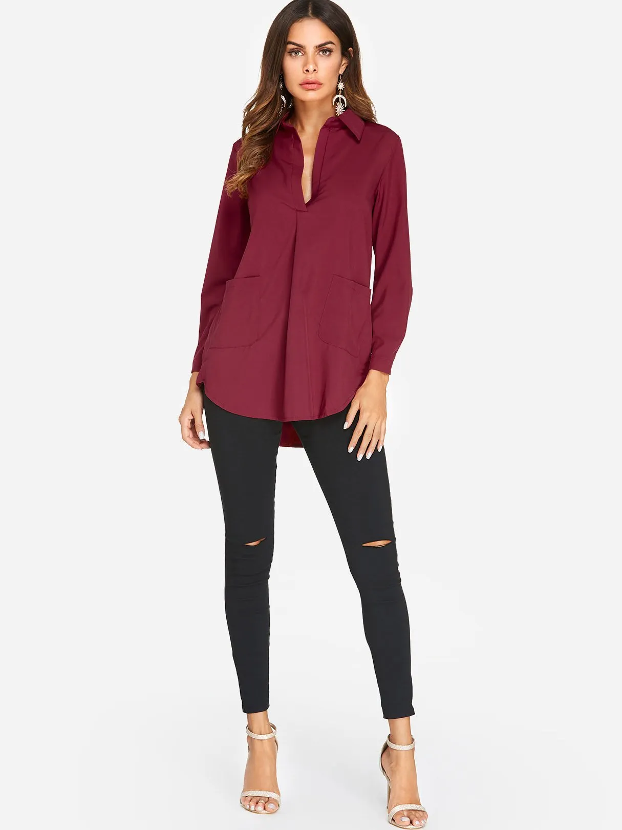 Custom Side Pockets Long Sleeve Curved Hem Burgundy T-Shirts
