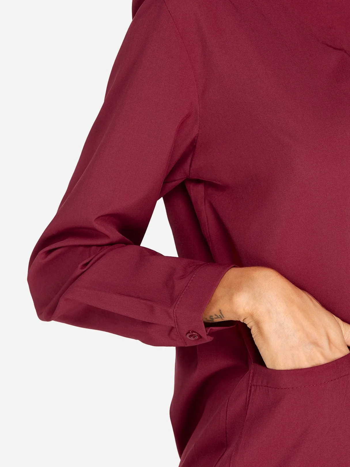 Custom Side Pockets Long Sleeve Curved Hem Burgundy T-Shirts