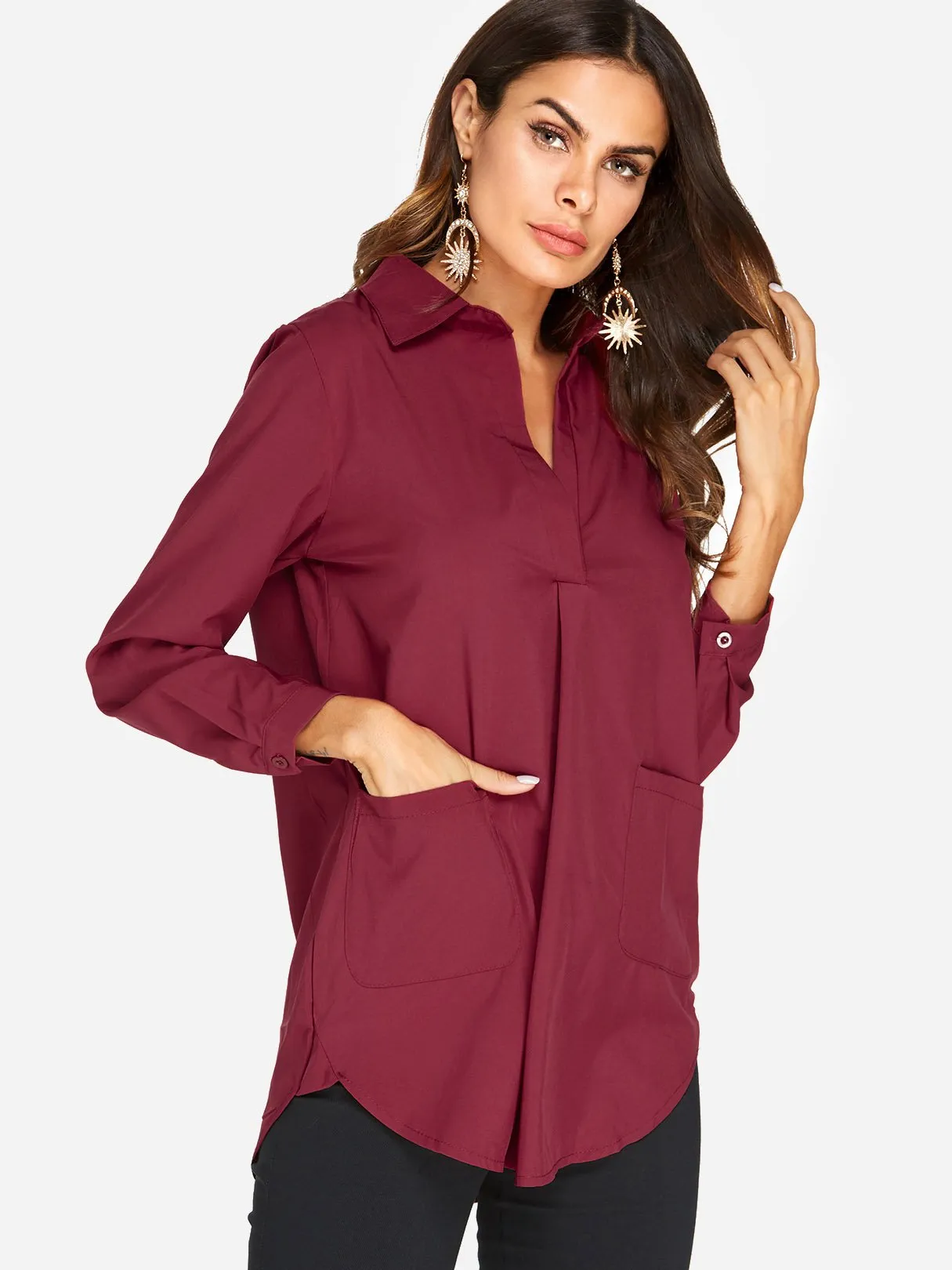 Custom Side Pockets Long Sleeve Curved Hem Burgundy T-Shirts