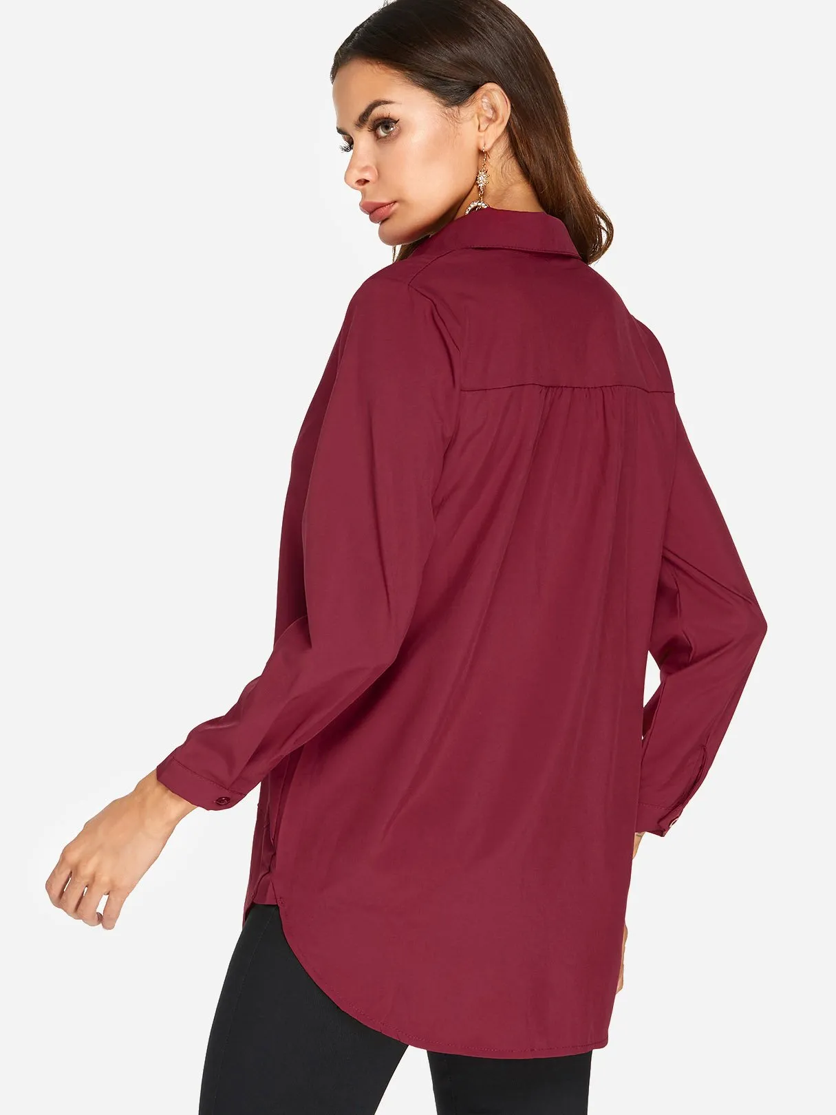 Custom Side Pockets Long Sleeve Curved Hem Burgundy T-Shirts
