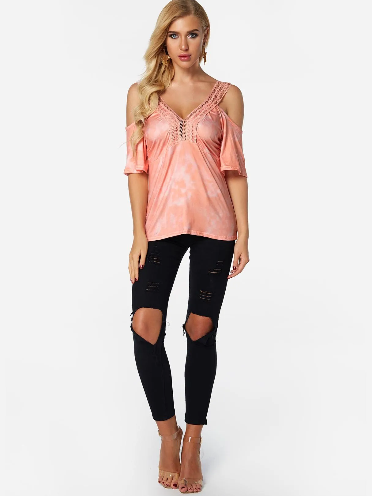 Custom V-Neck Cold Shoulder Plain Lace Hollow Cut Out Pleated Half Sleeve Pink T-Shirts