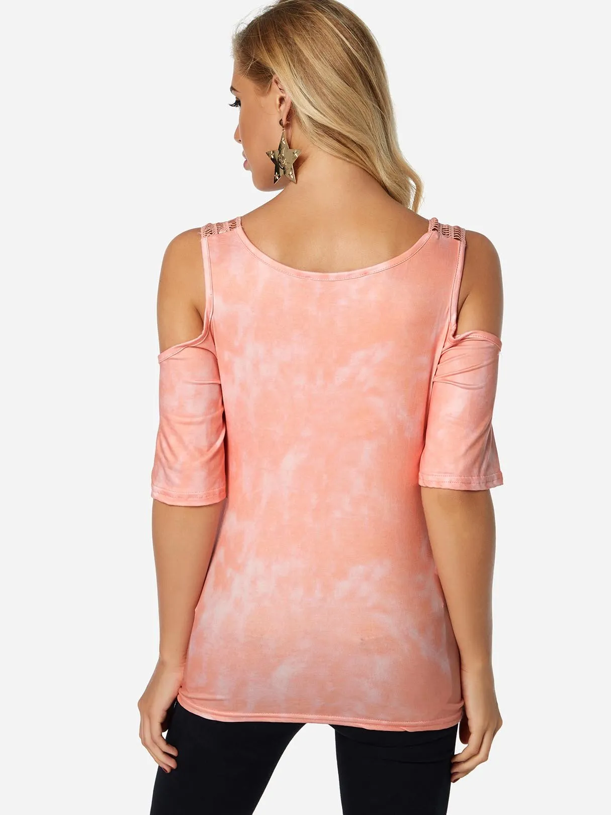 Custom V-Neck Cold Shoulder Plain Lace Hollow Cut Out Pleated Half Sleeve Pink T-Shirts