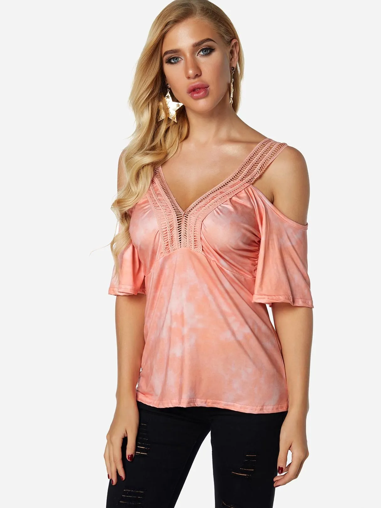 Custom V-Neck Cold Shoulder Plain Lace Hollow Cut Out Pleated Half Sleeve Pink T-Shirts