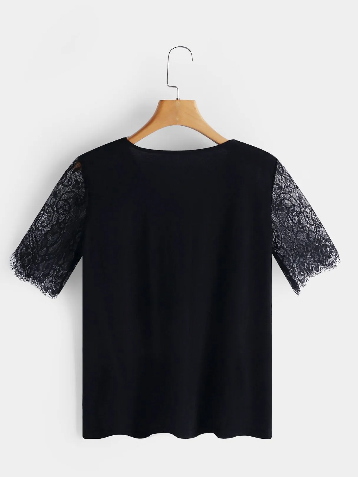 Custom V-Neck Lace Short Sleeve Black Top