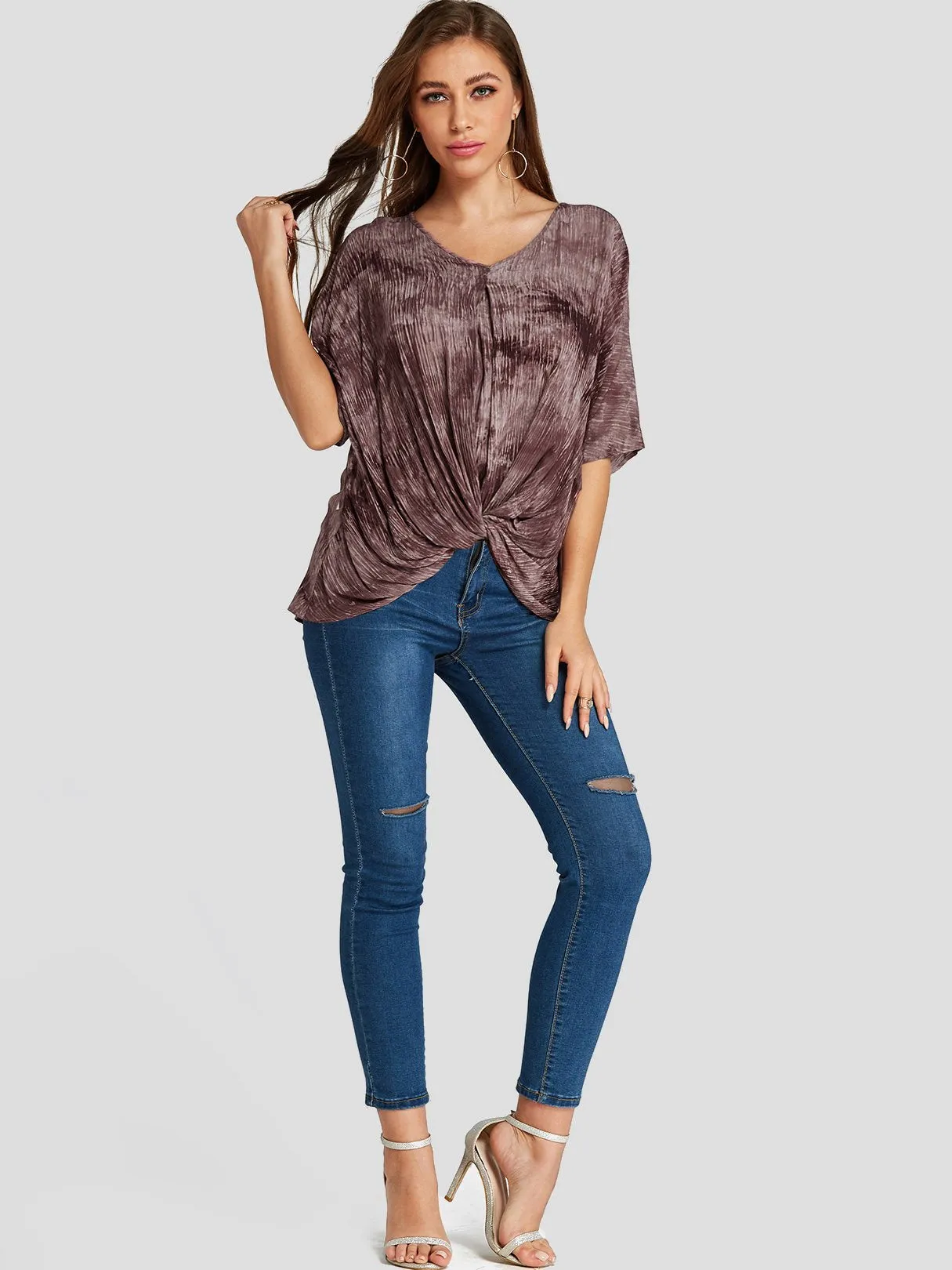 Custom V-Neck Printed Twist Half Sleeve Irregular Hem Rust T-Shirts