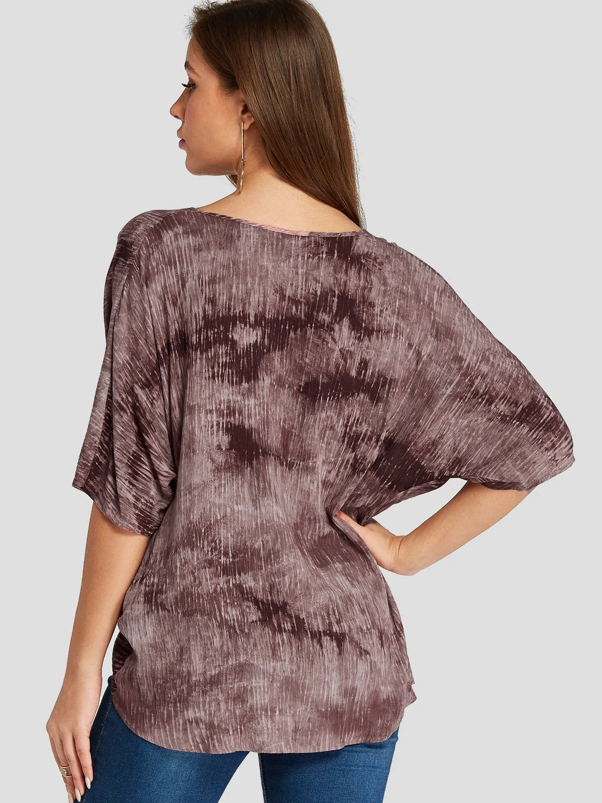 Custom V-Neck Printed Twist Half Sleeve Irregular Hem Rust T-Shirts