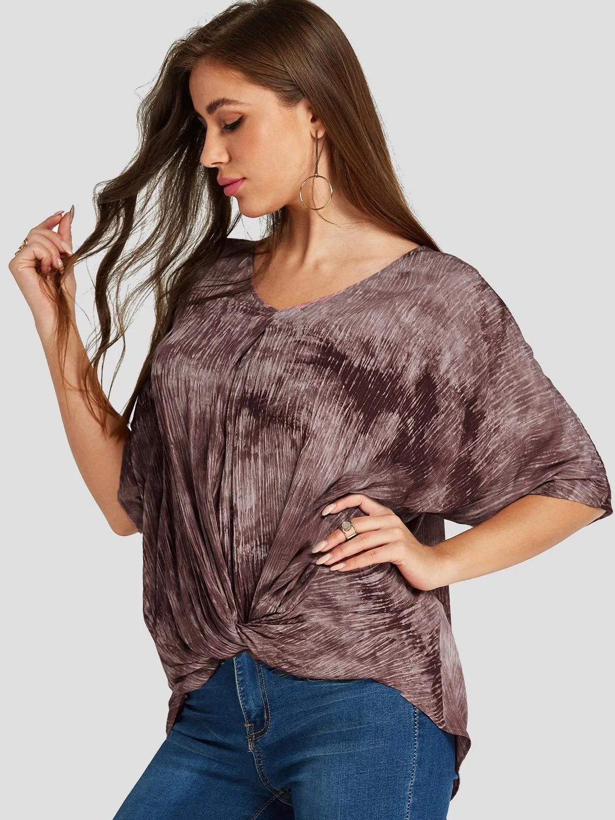 Custom V-Neck Printed Twist Half Sleeve Irregular Hem Rust T-Shirts