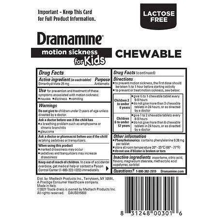 Dramamine Motion Sickness Relief for Kids, Grape Flavor - 8 ct.
