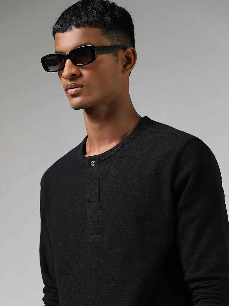 ETA Black Henley Neckline Slim-Fit Cotton T-Shirt