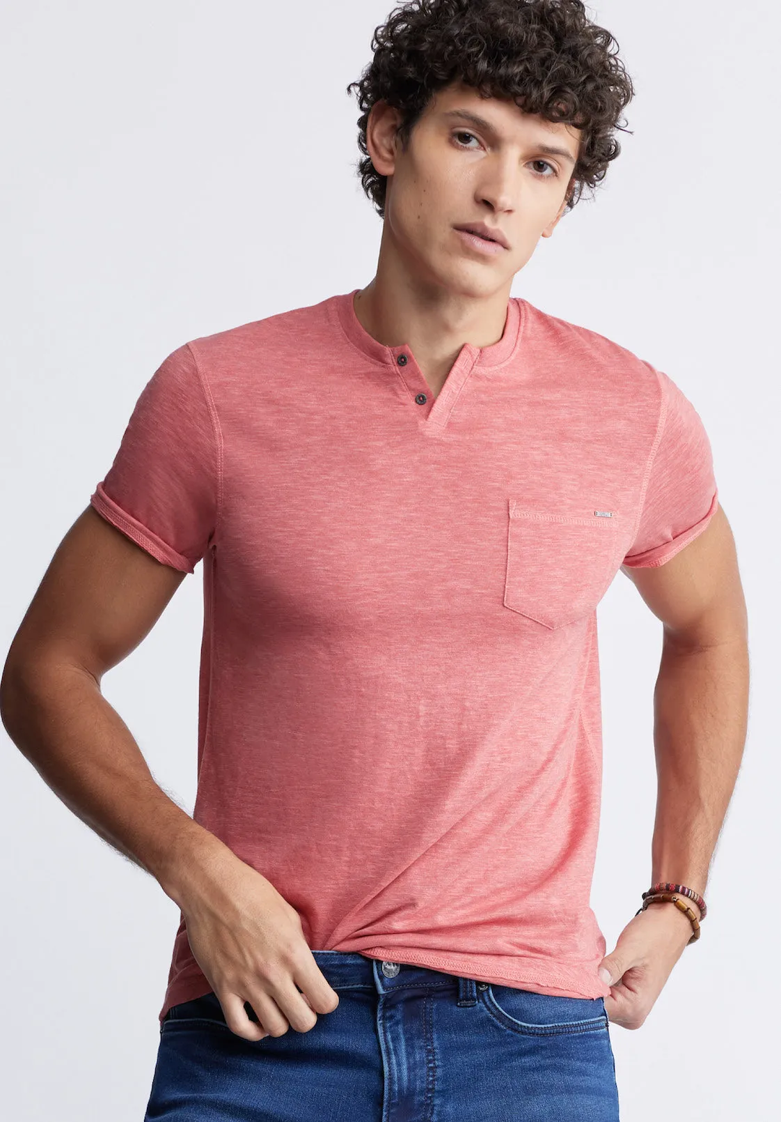 Kadyo Men's Pocket Henley Top in Mineral Red - BM24345