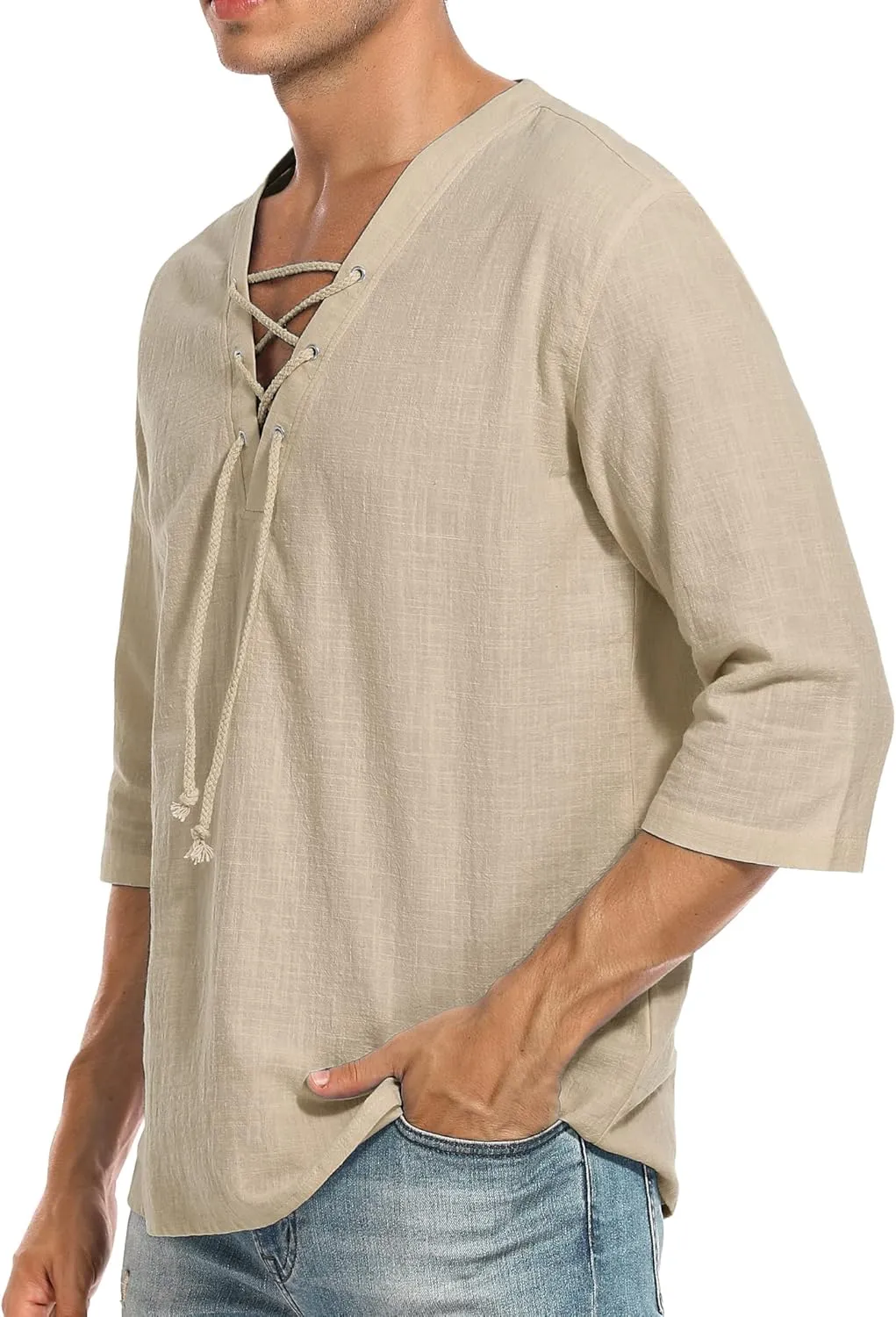 LecGee Men's Casual Cotton Linen Shirt Short Sleeve V Neck Lace Up Hippie Beach Tee Shirts Yoga Summer Top