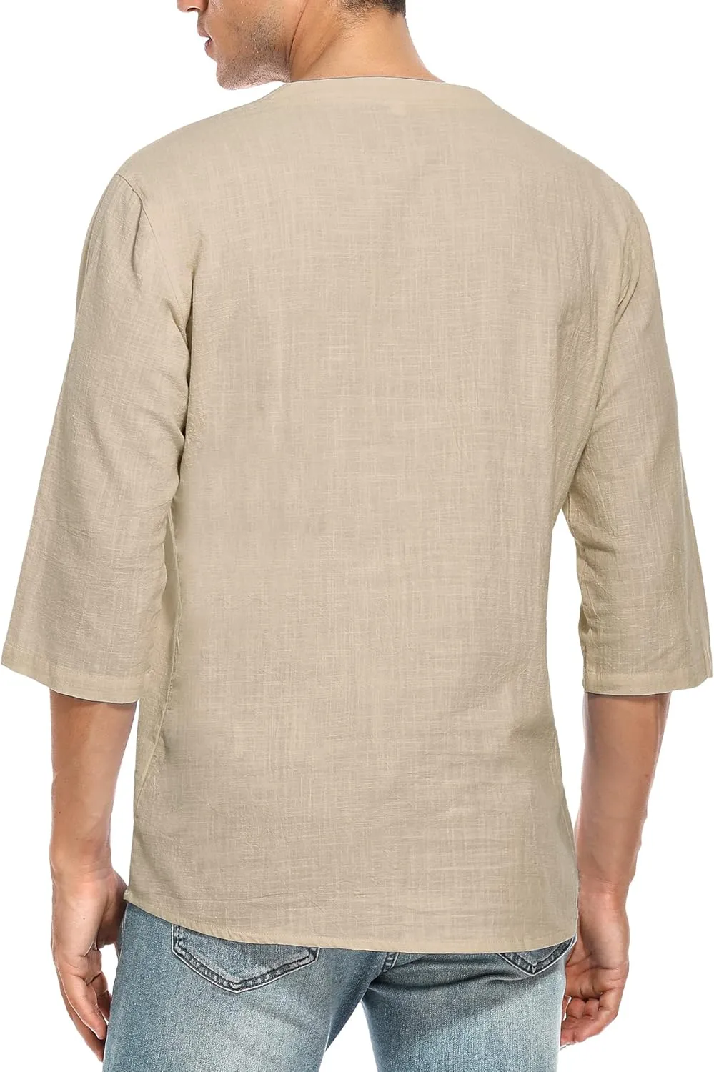 LecGee Men's Casual Cotton Linen Shirt Short Sleeve V Neck Lace Up Hippie Beach Tee Shirts Yoga Summer Top