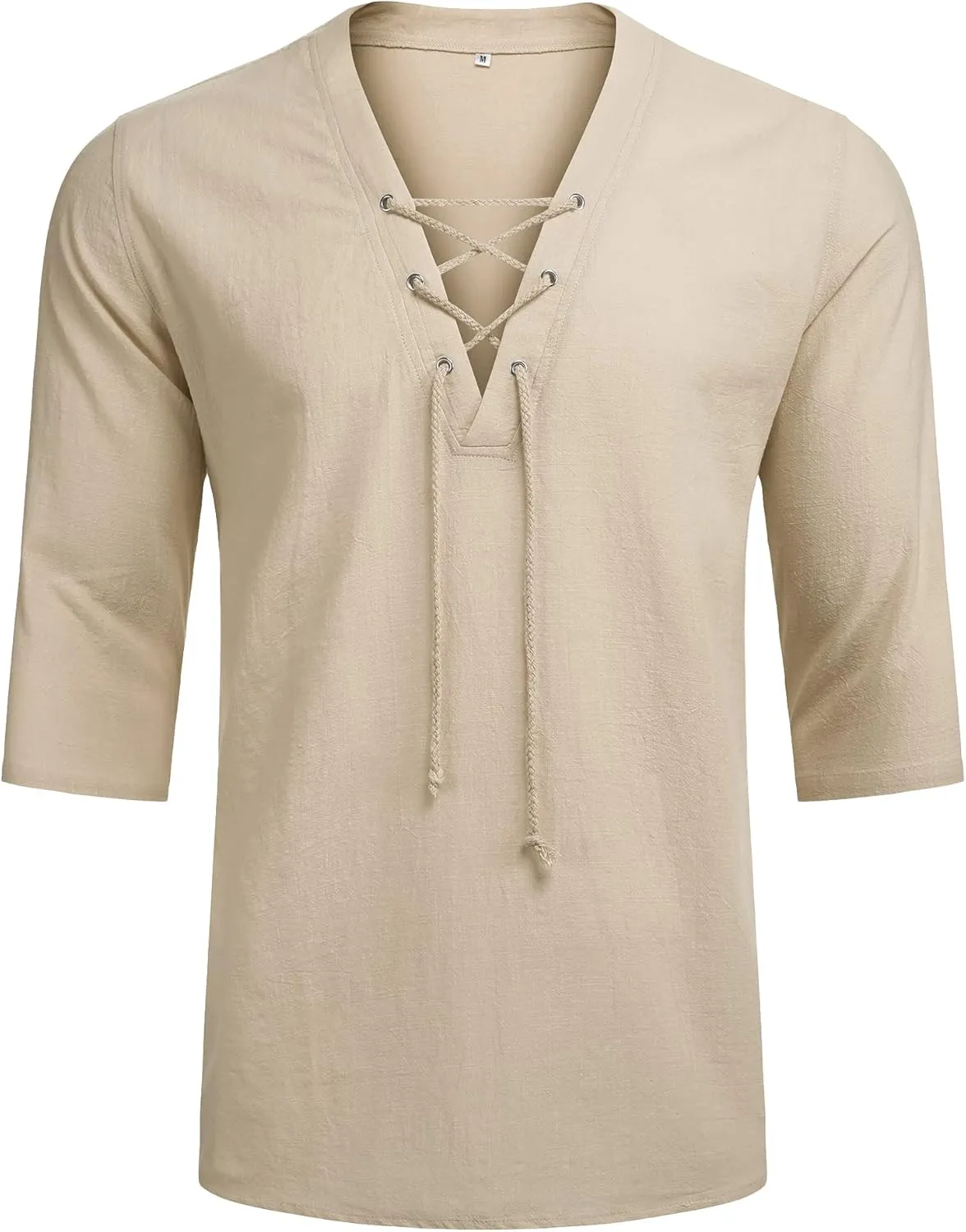LecGee Men's Casual Cotton Linen Shirt Short Sleeve V Neck Lace Up Hippie Beach Tee Shirts Yoga Summer Top