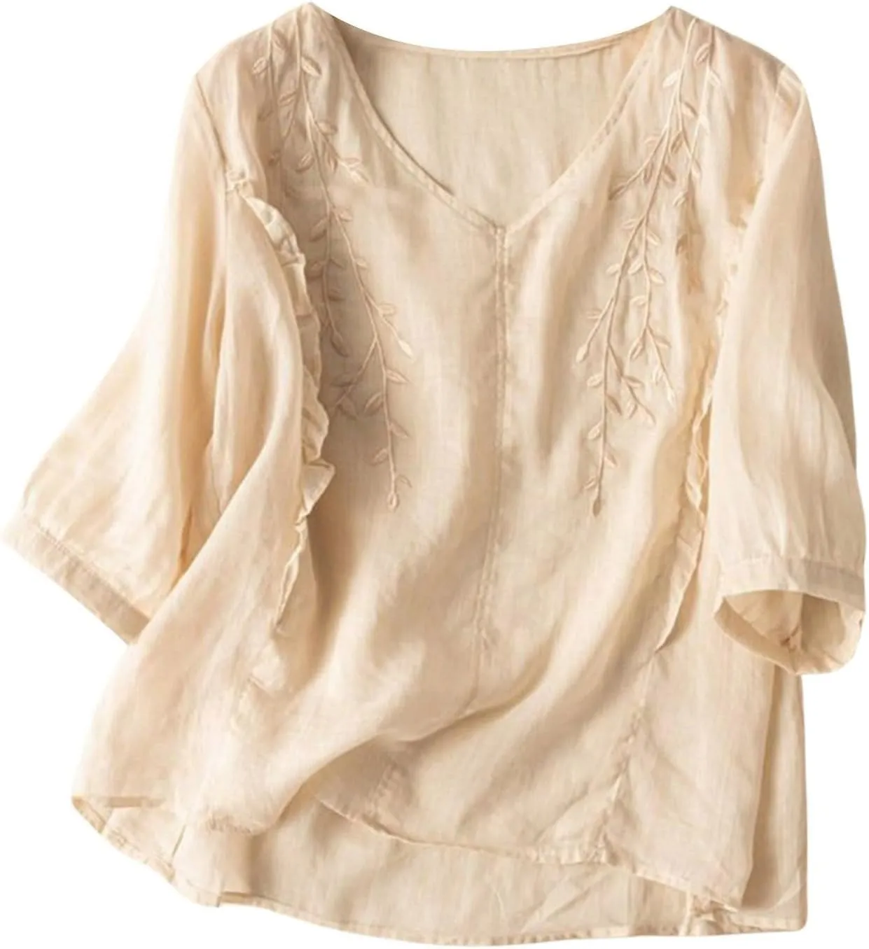 Linen Shirts for Women Summer Cotton Linen Floral Embroidered 3/4 Sleeve Tops Retro Boho Ethnic Peasant Tunic Tshirt