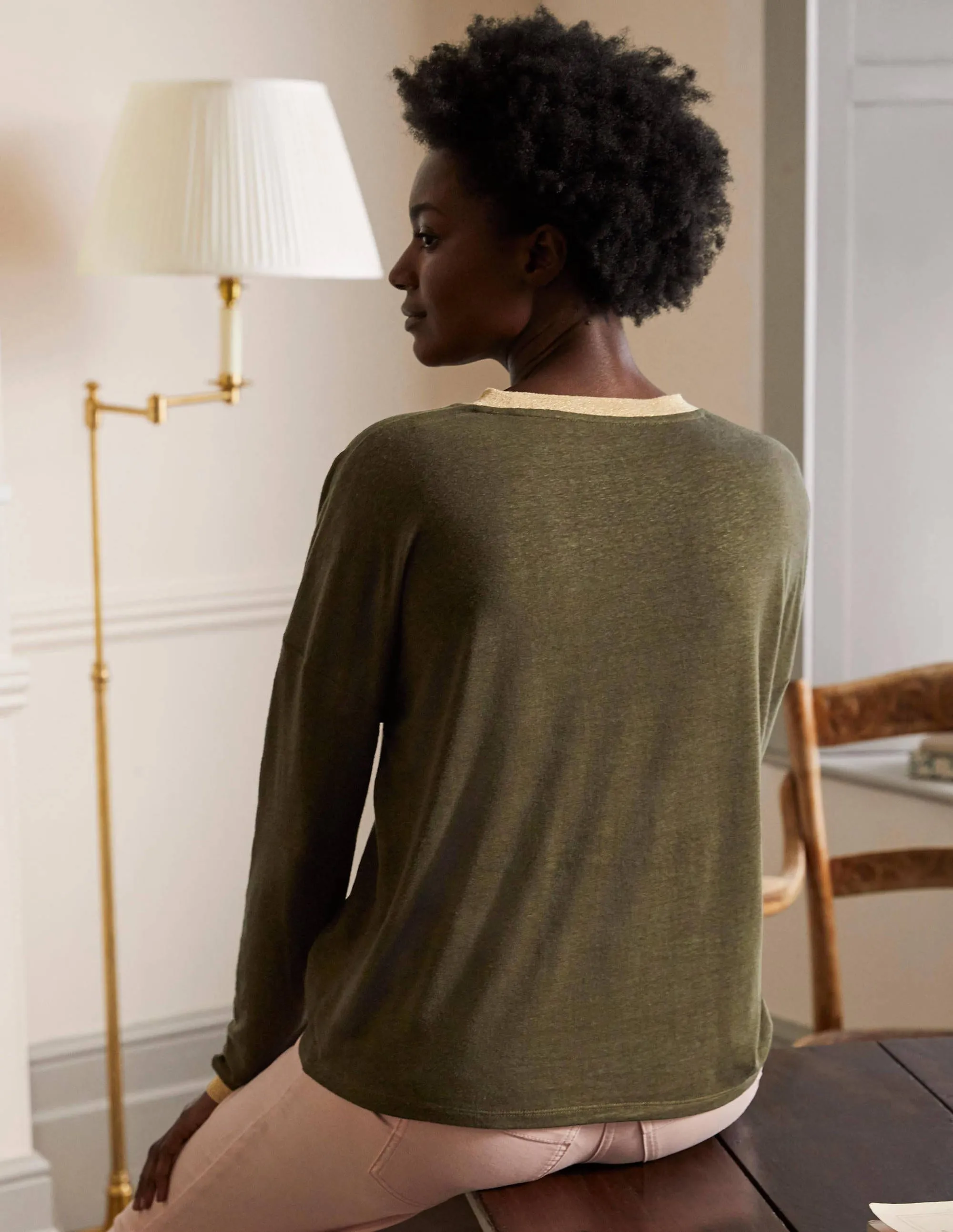 Linen Sparkle Long Sleeve Tee-Classic Khaki