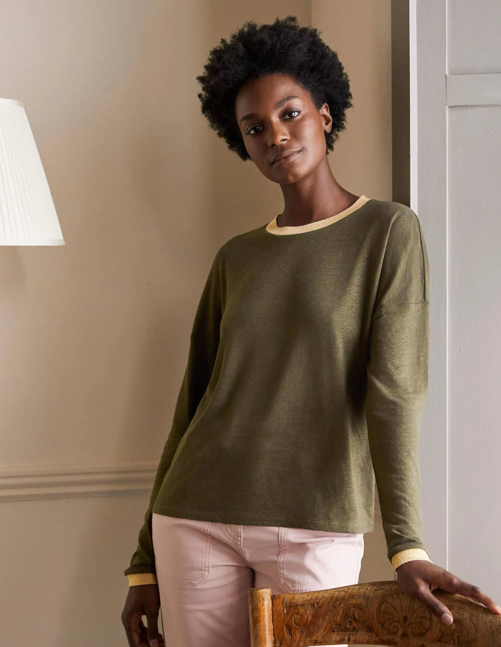 Linen Sparkle Long Sleeve Tee-Classic Khaki