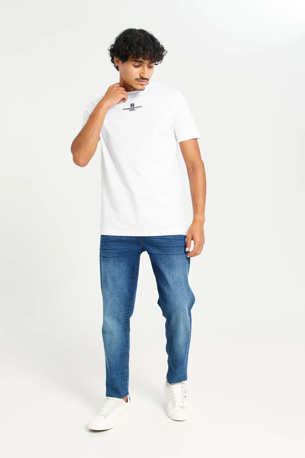 Men White Jacquard T-Shirt With Motive Print