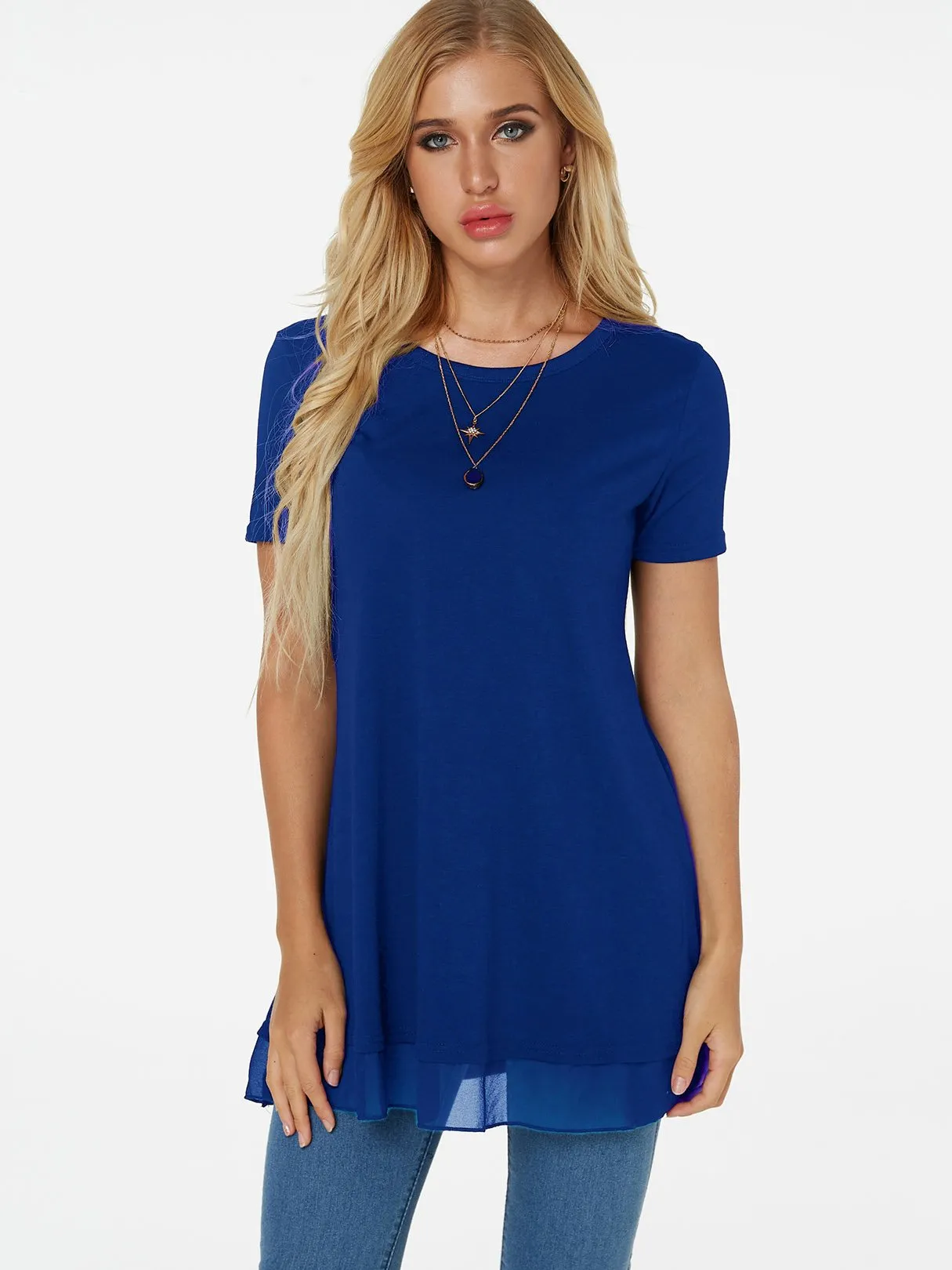 OEM ODM Crew Neck Plain Tiered Short Sleeve Blue T-Shirts