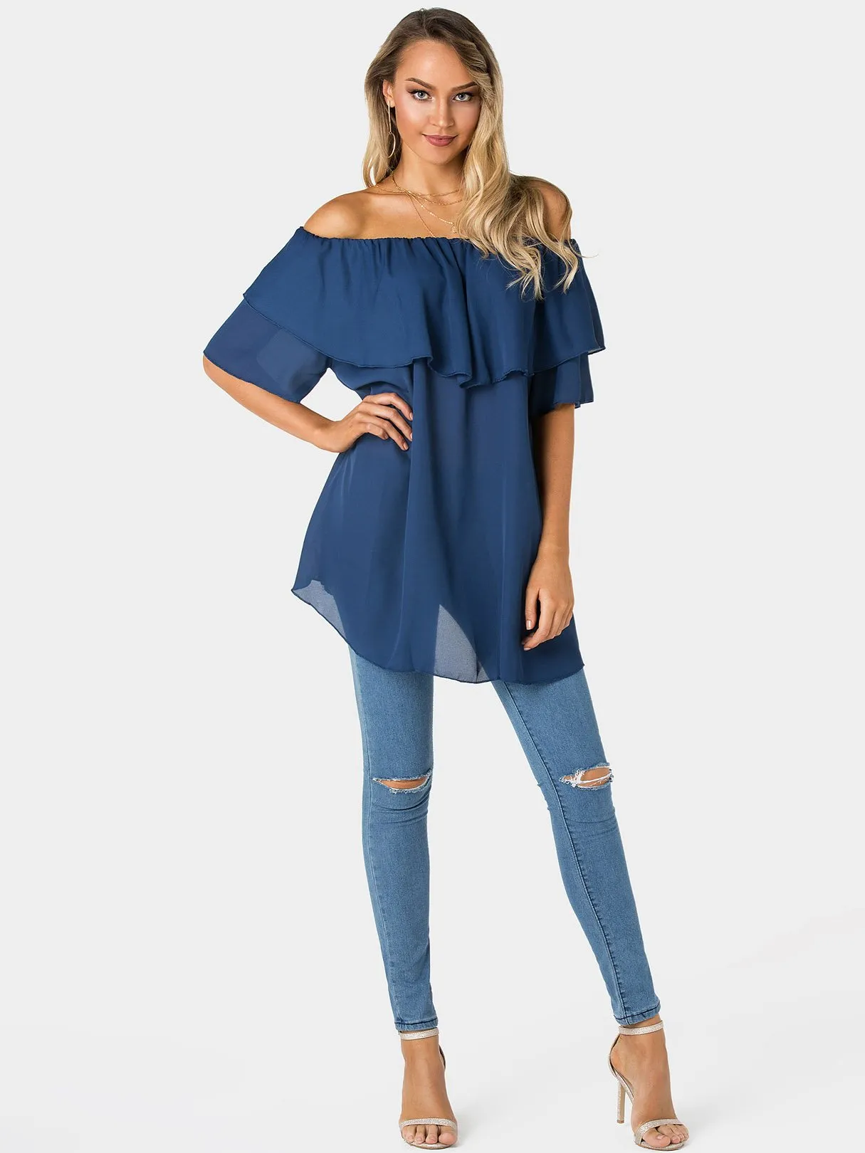 OEM ODM Off The Shoulder Tiered Half Sleeve Navy Top