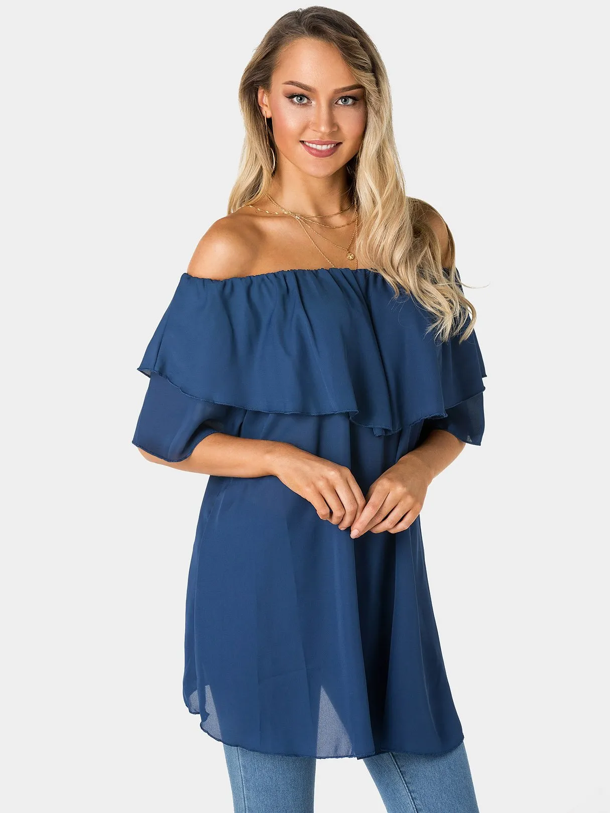 OEM ODM Off The Shoulder Tiered Half Sleeve Navy Top