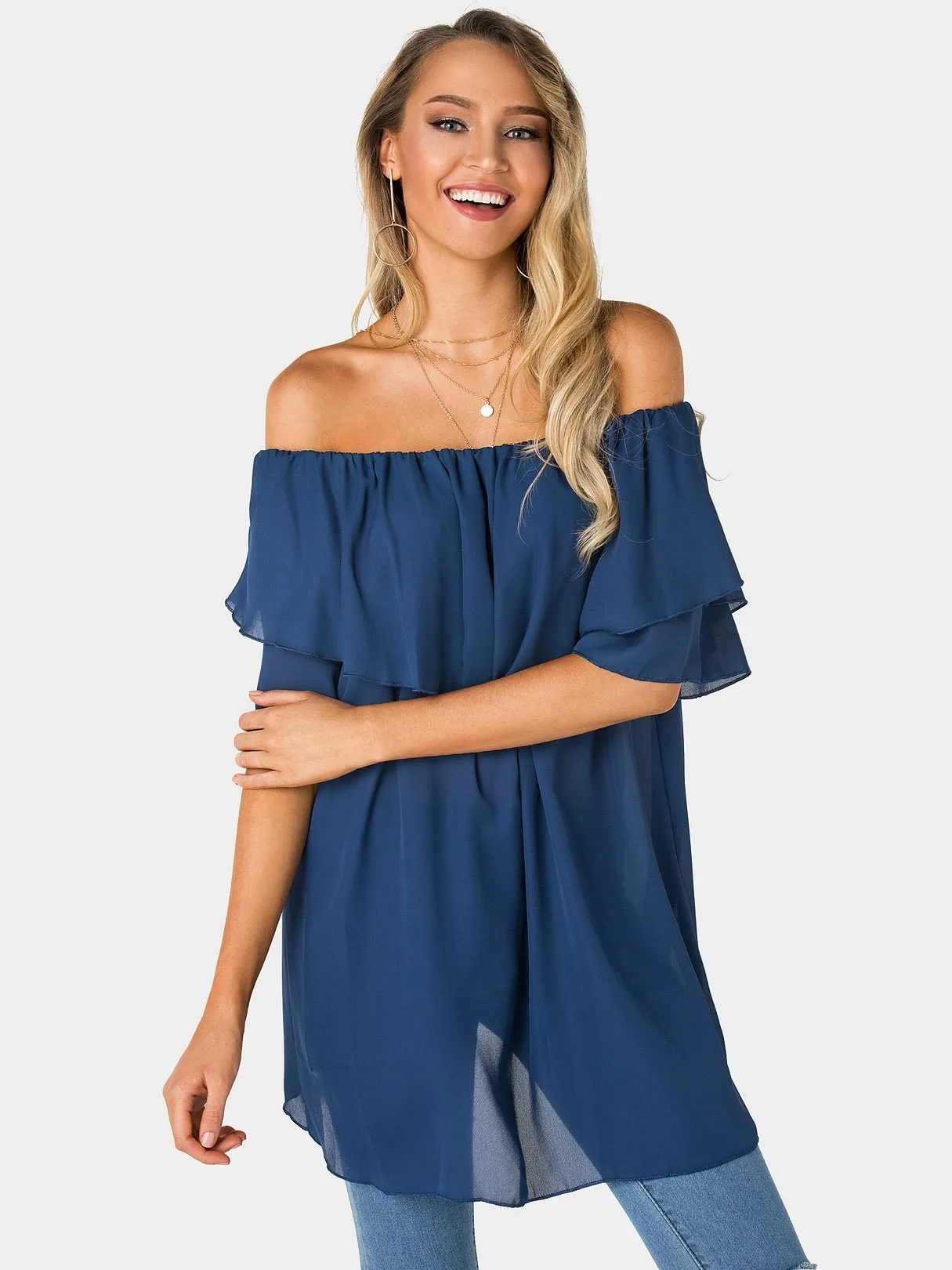 OEM ODM Off The Shoulder Tiered Half Sleeve Navy Top