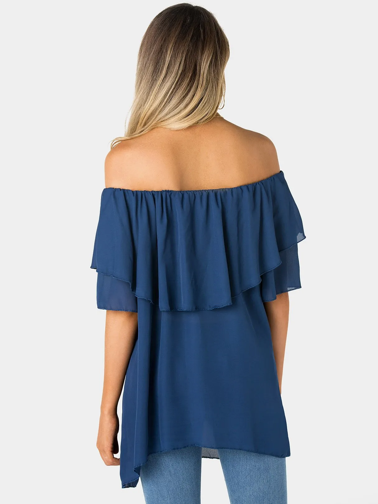 OEM ODM Off The Shoulder Tiered Half Sleeve Navy Top