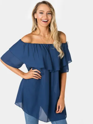 OEM ODM Off The Shoulder Tiered Half Sleeve Navy Top