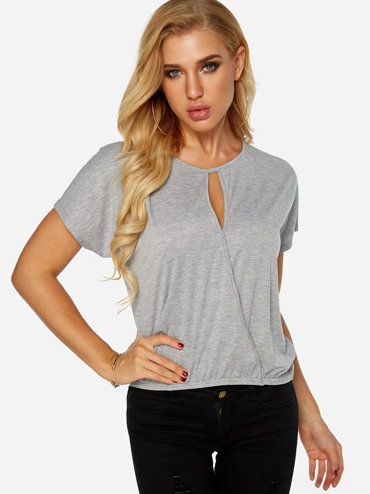 OEM ODM Round Neck Crossed Front Cut Out Short Sleeve Irregular Hem Grey Top
