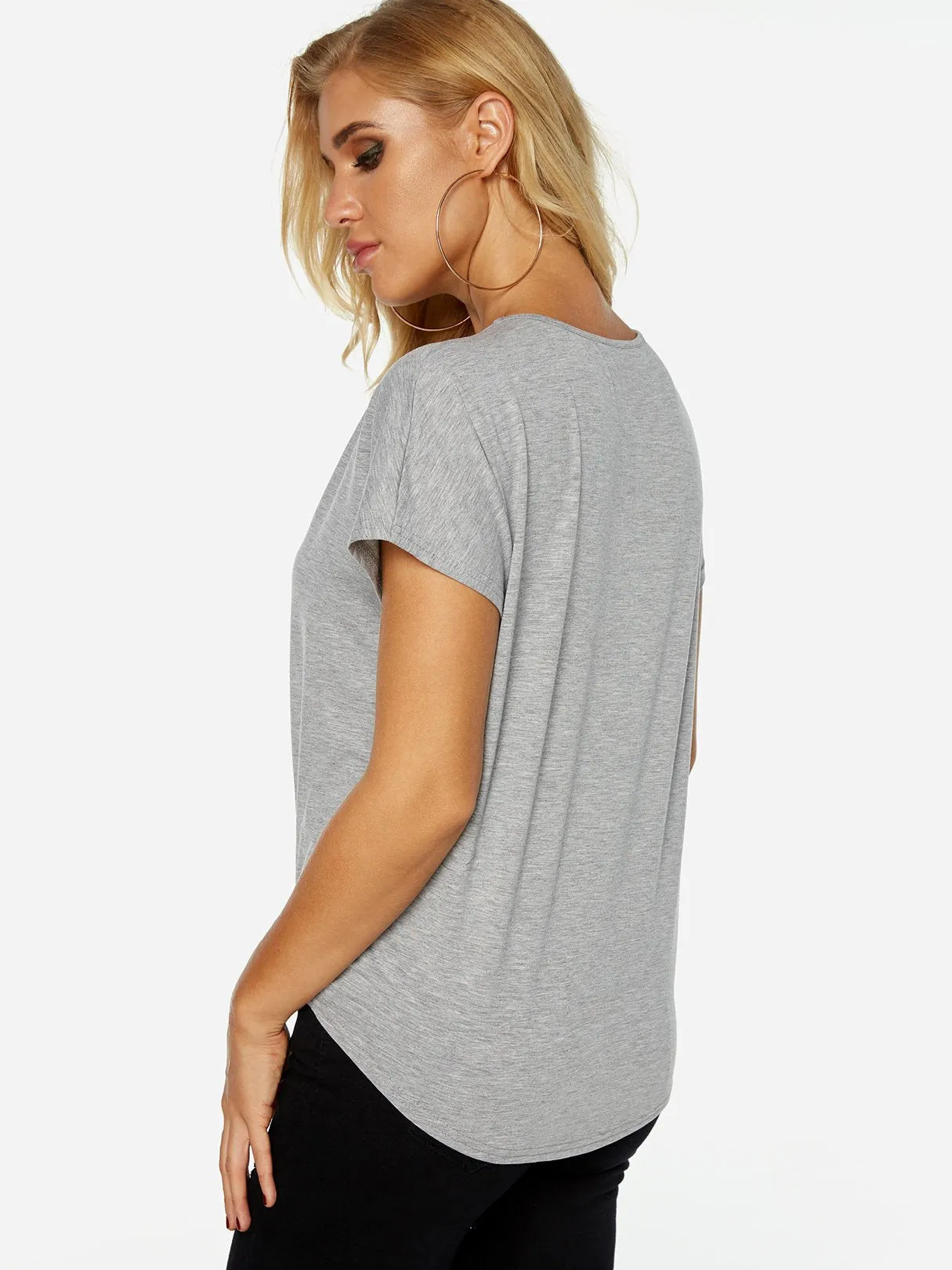OEM ODM Round Neck Crossed Front Cut Out Short Sleeve Irregular Hem Grey Top