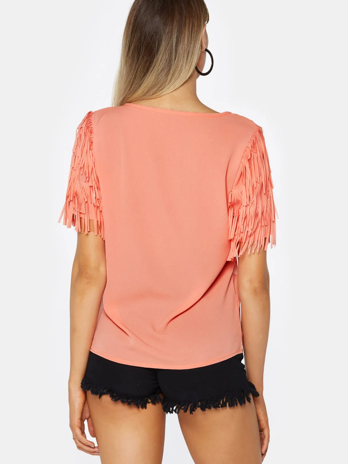 OEM ODM Round Neck Plain Tassel Short Sleeve Orange Top