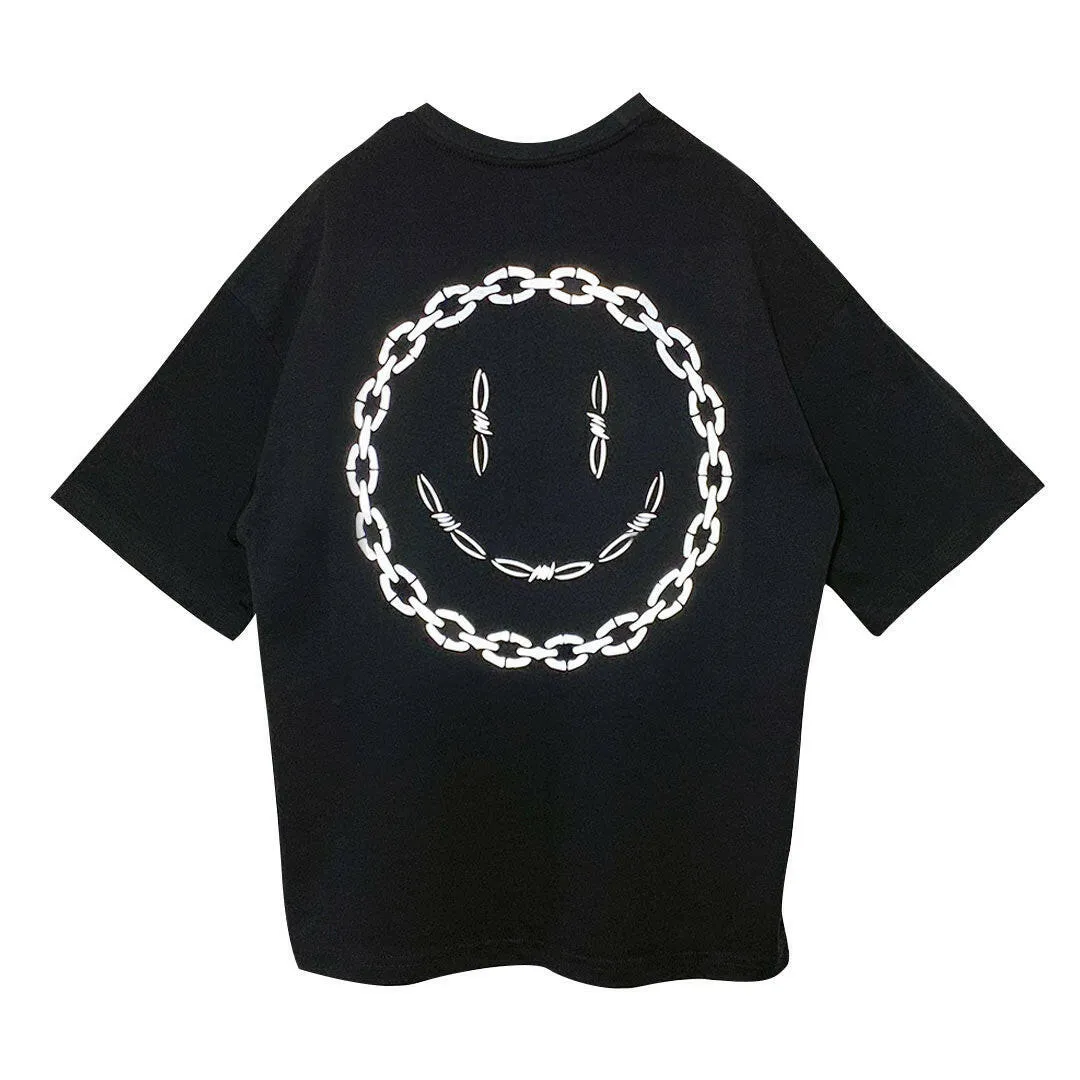 OVERSIZE BLACK T-SHIRT 'SMILEY CHAIN' REFLECTIVE