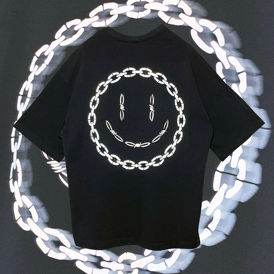 OVERSIZE BLACK T-SHIRT 'SMILEY CHAIN' REFLECTIVE