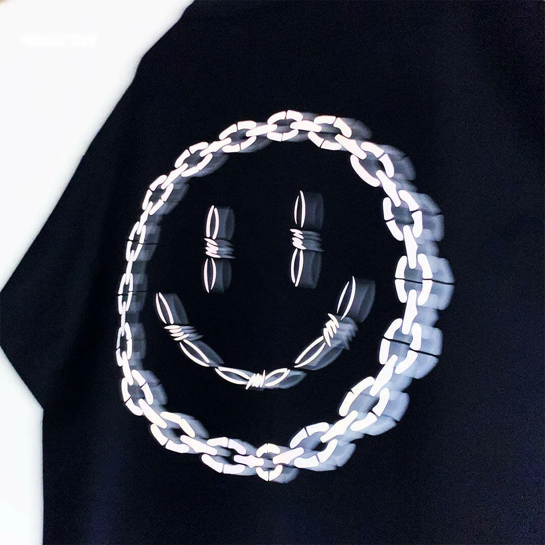 OVERSIZE BLACK T-SHIRT 'SMILEY CHAIN' REFLECTIVE