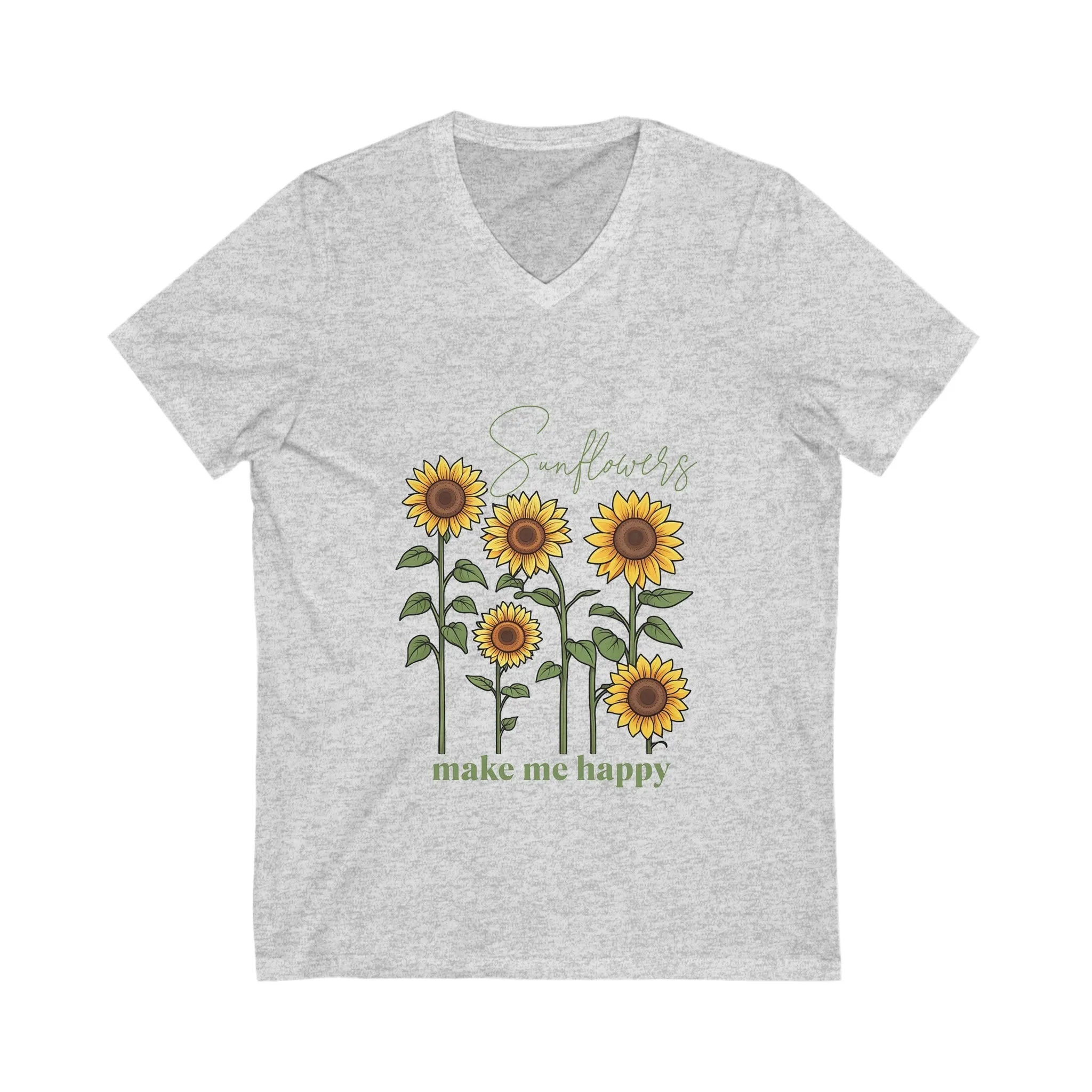 "Sunflowers Make Me Happy" t-shirt! Unisex Jersey Short Sleeve V-Neck Tee