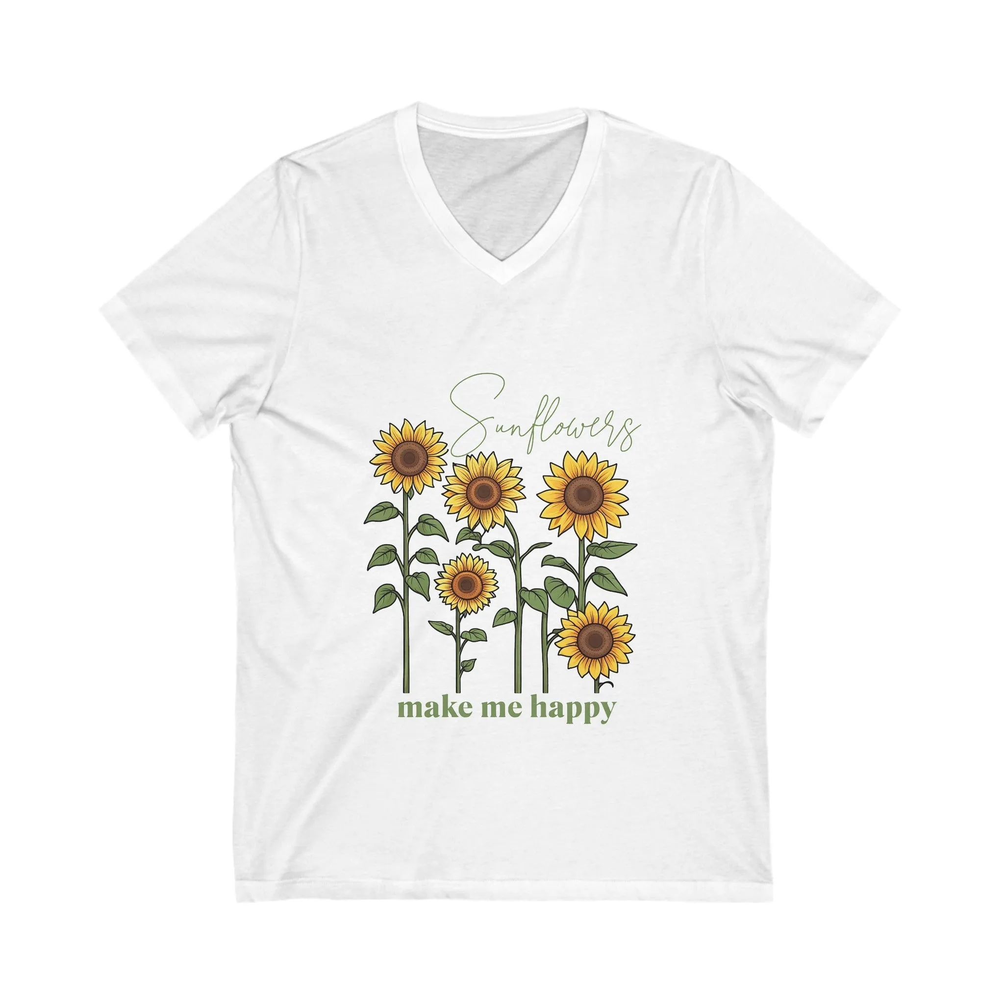 "Sunflowers Make Me Happy" t-shirt! Unisex Jersey Short Sleeve V-Neck Tee